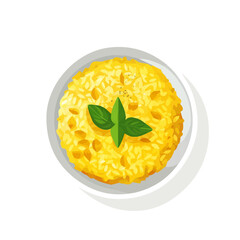 A simple flat 2D icon of risotto Alla Milanese on plate isolated on a blue background, vector design, ideal for animation,  mobile apps, web design, digital illustrations, branding, minimalist