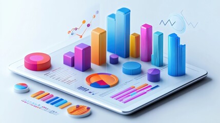 Colorful 3D bar graphs and charts displayed on a digital tablet, showcasing innovative data visualization techniques for analytical insights