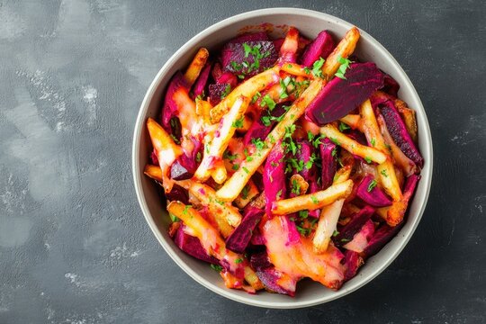 Beetroot and Potato Fries with Cheese Sauce