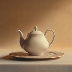 Elegant White Ceramic Teapot on Wooden Plate in Minimalistic Setting