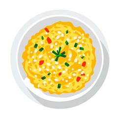 A simple flat 2D icon of risotto Alla Milanese on plate isolated on a blue background, vector design, ideal for animation,  mobile apps, web design, digital illustrations, branding, minimalist