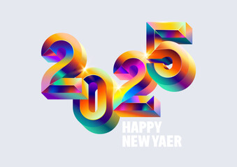 New year 2025. Metallic iridescent numbers on white background. Festive holiday greeting card design.