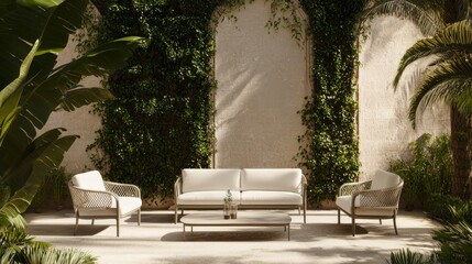 Luxurious Roman Retreat: Modern Garden Oasis with Stylish Furniture, Greenery, and Architectural Elegance for Relaxation