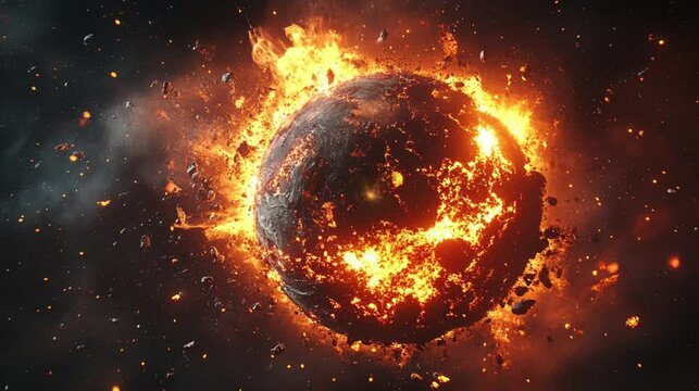 Giant planet exploding in space burning in the space video footage.