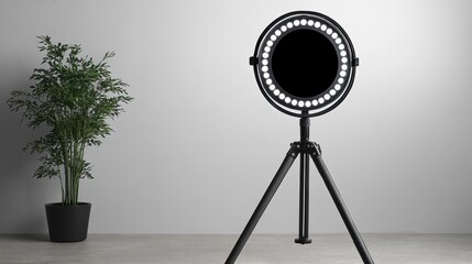Modern studio setup featuring a large ring light and greenery, perfect for creating vibrant content in a minimalistic space