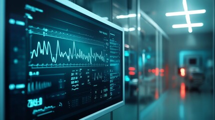 Fototapeta premium Digital Display of Heart Rate and ECG Monitoring in a Medical Environment with Advanced Technology and Equipment for Healthcare Professionals