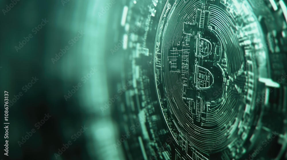 Poster close-up view of bitcoin design with digital patterns and green lighting representing technology, fi