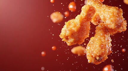 Crispy Fried Chicken Wings in Air  Delicious Food  3D Render  Sauce Splash  Red Background