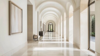 Obraz premium Contemporary Roman-inspired Hallway with Elegant Artworks and Lighting Fixtures