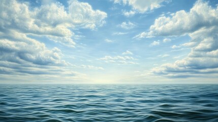 Obraz premium A serene view of the ocean under a vast sky filled with soft, fluffy clouds, reflecting tranquility and peace.
