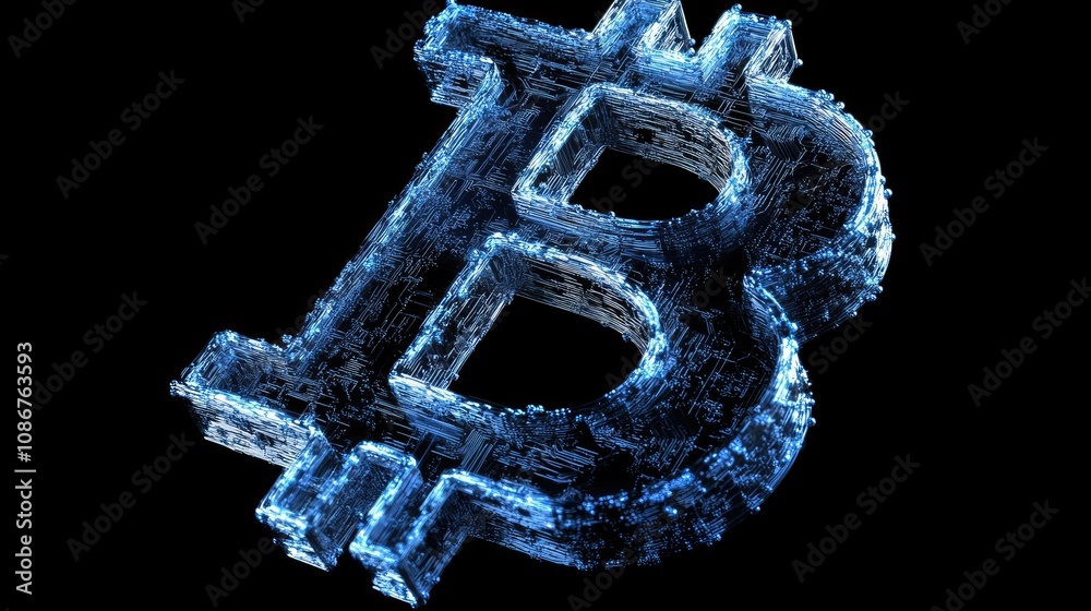 Poster abstract digital representation of bitcoin symbol in blue glow with geometric lines on a dark backgr