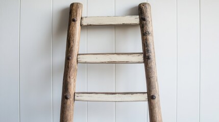 Rustic wooden ladder leaning against a white wall showcases craftsmanship and simplicity in a cozy interior setting