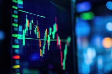 Candlestick chart on a computer screen, displaying stock market data.