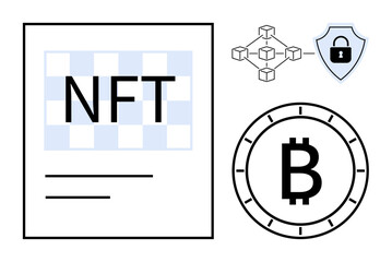 Blockchain-themed design with a chart labeled NFT, Bitcoin symbol coin, interconnected network nodes graphic, and security shield. Ideal for finance, digital art, cybersecurity, cryptocurrency