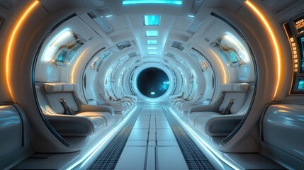 Futuristic spaceship interior designed for comfort, featuring sleek seating and glowing accents, evoking a sense of adventure in space.