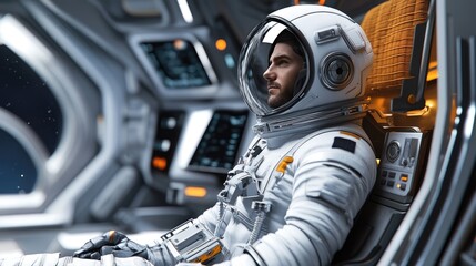 A focused male astronaut in a white spacesuit sits inside a futuristic spacecraft, gazing thoughtfully at the control panel.