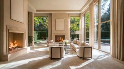 Obraz premium Elegant Roman-Inspired Living Room with Fireplace and Plush Seating, Bathed in Natural Light | Interior Design Concept Photo