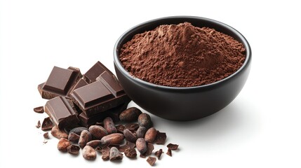 A bowl of cocoa powder with dark chocolate pieces and cocoa beans, showcasing rich textures and earthy tones.