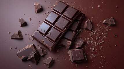 Delicious dark chocolate block with broken pieces arranged on a rich brown background.