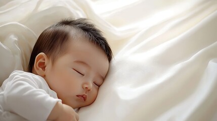 Adorable infant sleeps soundly on soft, white fabric, capturing the essence of tranquility and innocence.