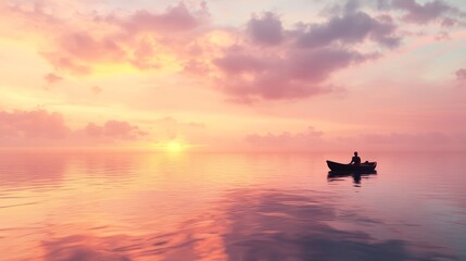 Obraz premium A lone canoeist drifts peacefully on calm waters during a vibrant sunset, evoking tranquility and reflection in nature.