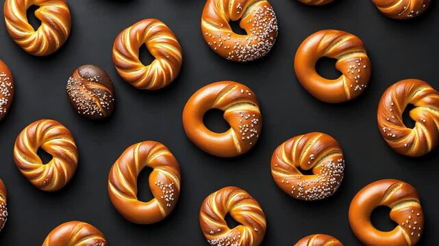 A flat lay of soft pretzels on a black background.