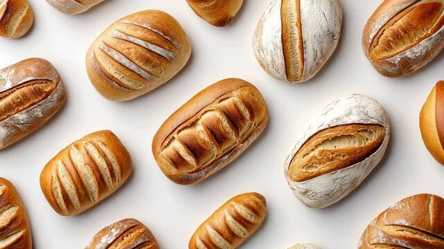 Freshly baked loaves of bread arranged on a white background.