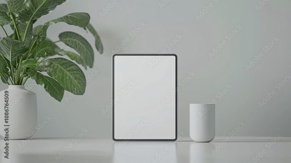 Poster realistic product mockup of a tablet prototype on a desk with a clean background and ample space for