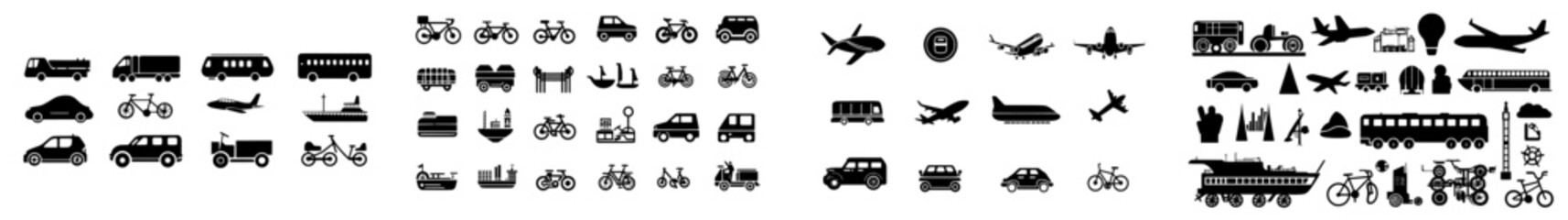 Obraz premium A variety of modes of transportation are illustrated in black and white, including cars, planes, buses, bikes, and rockets.