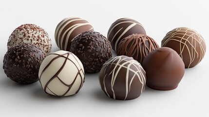 An assortment of exquisite chocolate truffles in various designs, showcasing rich dark, milk, and white chocolate varieties.