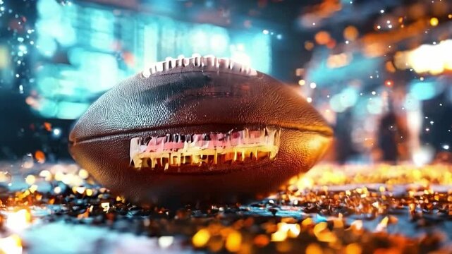 Close Up of Football on Sparkling Field, Illuminated by Vibrant Lights, Showcasing Energy and Texture of Game in Dynamic Atmosphere