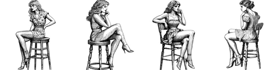 Black and white image of a woman in a retro dress sitting on a chair, reminiscent of a classic pinup and 1950s fashion sketch engraving. Scratch board imitation.