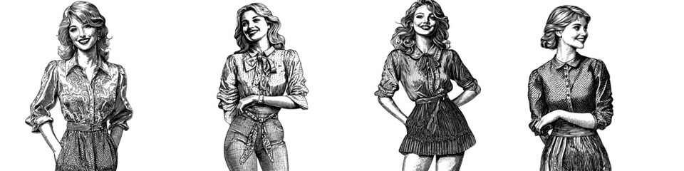 Obraz premium A playfully smiling young woman and a flirty sketch engraving are the basis for this generative AI illustration. Scratchboard impersonation in black and white.
