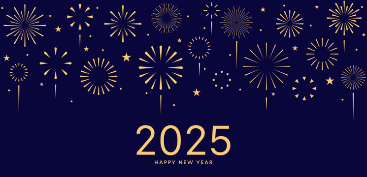2025 banner with gold fireworks on blue background