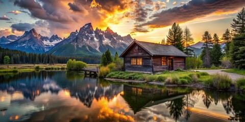 Fototapeta premium Beneath twilight's glow, a rustic cabin in Grand Teton National Park stands timeless, surrounded by towering peaks and tranquil waters, evoking a peaceful sense of solitude.