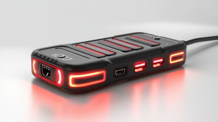 Sleek black multi-port charger with red accents, designed for efficient device power management and connectivity during tech activities