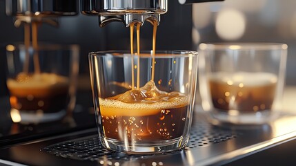 Freshly brewed coffee pours into a glass, capturing the rich aroma and texture of this beloved beverage.
