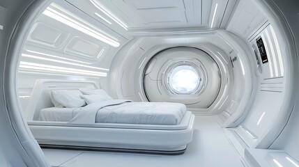 Fototapeta premium A futuristic, minimalist bedroom design featuring a round window and sleek white furniture.