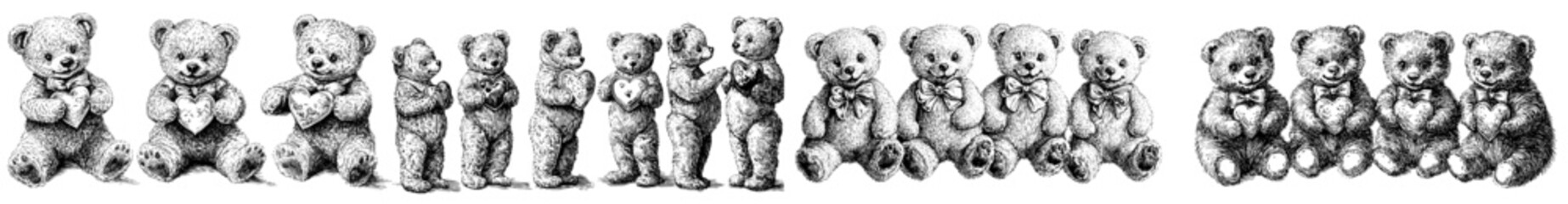 Fototapeta premium Two bears hugging in front view of a teddy bear doll set. With heart heart you sign present box with bow scarf. Valentine card invitation element in watercolor style. Isolated modern clipart in