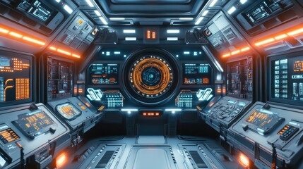 Futuristic control room featuring sleek design with glowing interfaces and a central circular display.