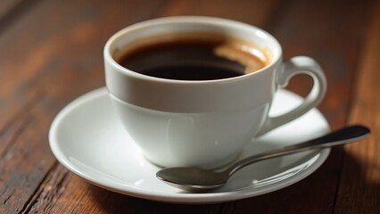 Cozy rustic coffee setup white ceramic cup espresso metallic spoon saucer