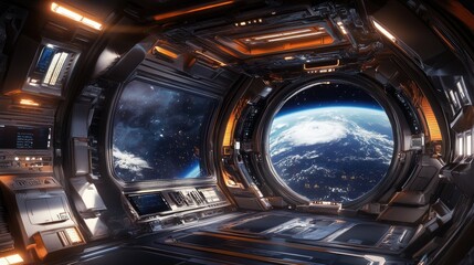 Futuristic space station interior with a panoramic view of Earth from a large window, ethereal lighting creates a serene atmosphere.