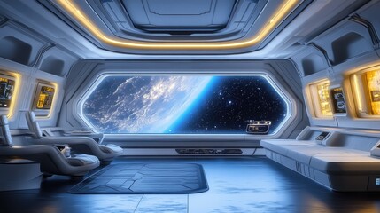 Fototapeta premium Futuristic interior of a spacecraft with a stunning view of Earth and stars, evoking a sense of wonder and exploration.