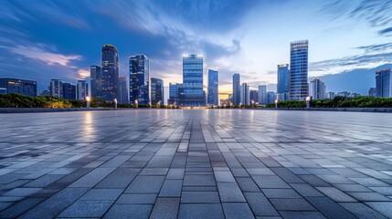 Empty square floor with city skyline background, Education Hub expansion, dawn