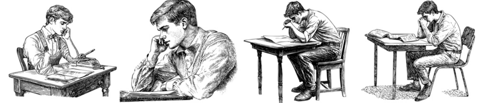 Studying at desk. Exhausted and frustrated student reading book. Bored, puzzled person thinking, preparing for exam. Flat modern illustration isolated on white.
