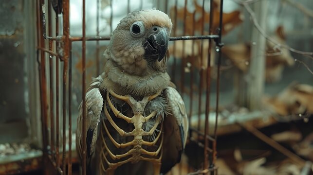 A skeletal parrot sits quietly inside a rusting cage surrounded by dried leaves, evoking a sense of neglect and the passage of time