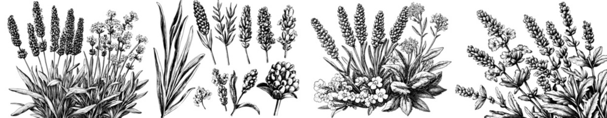 An illustrated watercolor of lavender and flowers is displayed on a transparent background with a black outline