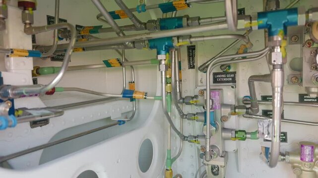 Hydraulic System Bay of Aircraft - Pipes and Pressure Valves Close Up