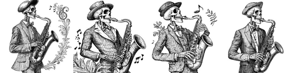 Fototapeta premium Black and white sketch engraving of skeleton playing jazz on saxophone, with musical notes floating about. generative ai raster illustration based on scratchboard imitation.