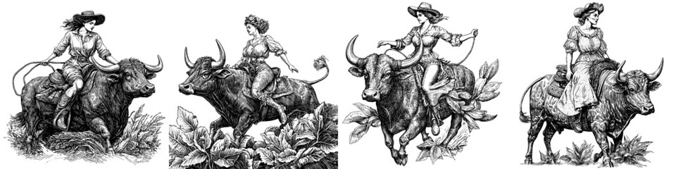 An illustration of a pin-up cowgirl riding a bull with a lasso in a rodeo scene. Stock raster illustration based on scratchboard imitation.